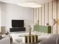 Nowoczesny salon z meblami w kolorze oliwkowym i czarnym. W centrum owalny stolik kawowy, obok szara kanapa i fotel.