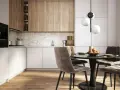 Stylowa aranżacja małego salonu ze stołem. Nowoczesne meble kuchenne, okrągły stół z aksamitnymi krzesłami i designerska lampa.