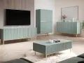 Nowoczesny salon z meblami w kolorze szałwiowym, idealnie komponującymi się ze złotymi detalami i drewnianą podłogą.