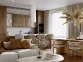Przytulny salon w stylu scandi boho z drewnianymi meblami, jasną sofą i dekoracjami z suszonych traw.