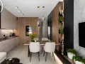 Nowoczesny salon z kuchnią i jadalnią 40m2. Drewniane akcenty, jasne meble i rośliny tworzą przytulną atmosferę.
