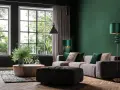 Męski pokój inspiracje: elegancka zieleń, drewno i komfortowa sofa. Idealne miejsce na relaks i pracę.