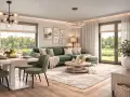 Zielony salon inspiracje: wygodna sofa, stół z krzesłami i okna z widokiem na naturę tworzą przytulną atmosferę.