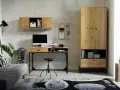 Mały pokój w stylu loft z biurkiem, szafą, sofą i dywanem.