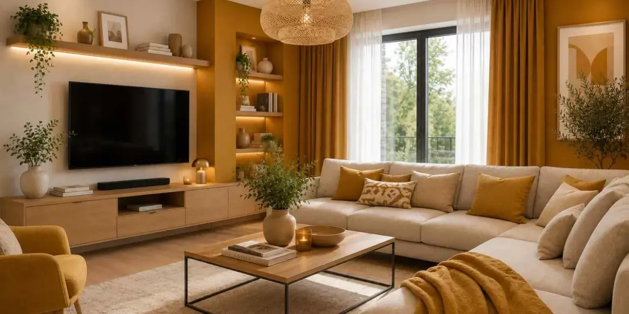 Przytulny salon z kanapą i fotelami w odcieniach **koloru ochry**. Ciepłe światło, drewniane meble i rośliny tworzą relaksującą atmosferę.