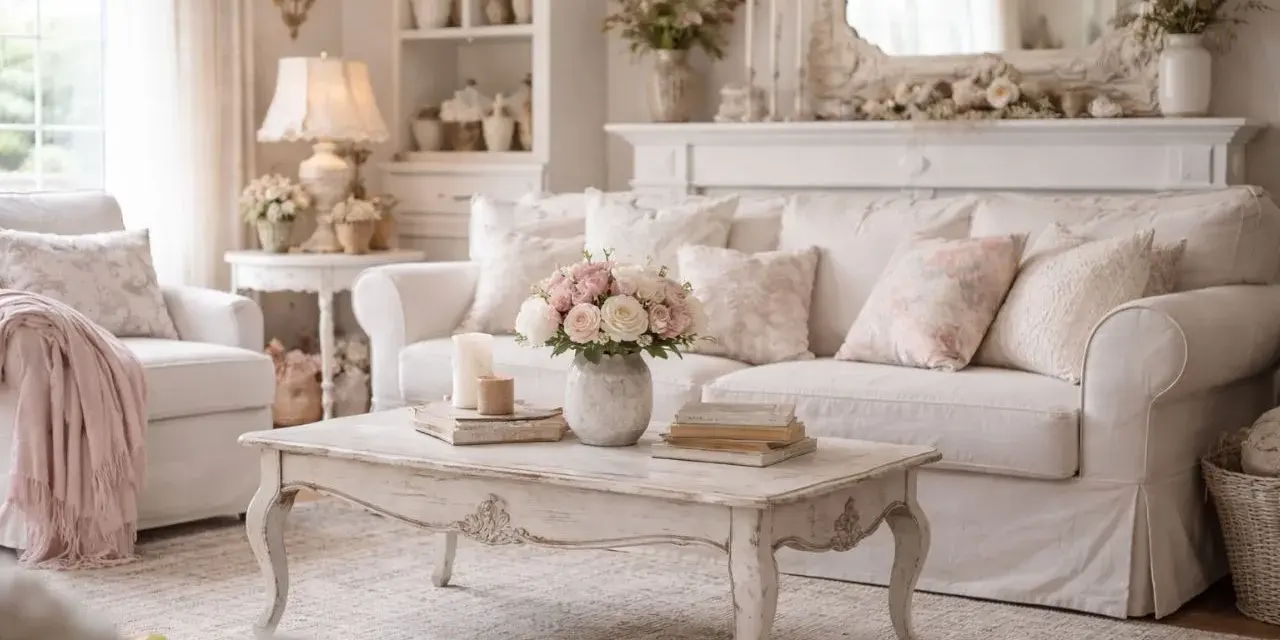 Przytulny salon w stylu shabby chic. Jasna sofa, fotele, stolik kawowy i dekoracje tworzą romantyczną atmosferę.