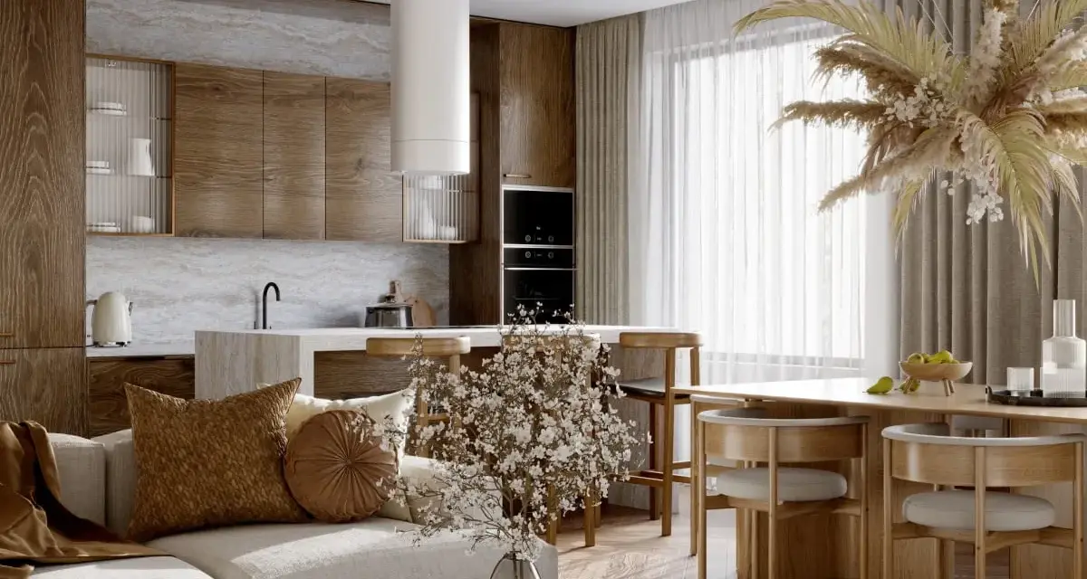 Przytulny salon w stylu scandi boho z drewnianymi meblami, jasną sofą i dekoracjami z suszonych traw.
