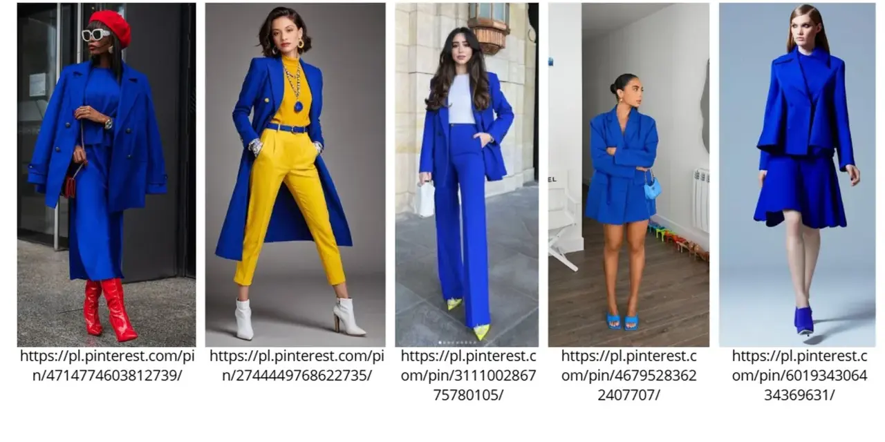 Eleganckie stylizacje w odcieniu **kolor chabrowy**. Garnitury, płaszcze i sukienki prezentują się niezwykle szykownie.