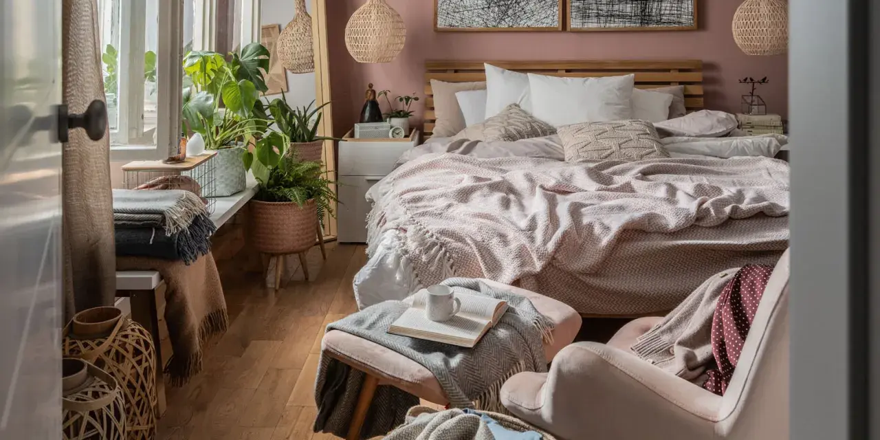 Przytulna sypialnia inspiracje: łóżko z różową pościelą, wiklinowe lampy, dużo roślin i miękkie koce tworzą ciepłą atmosferę.