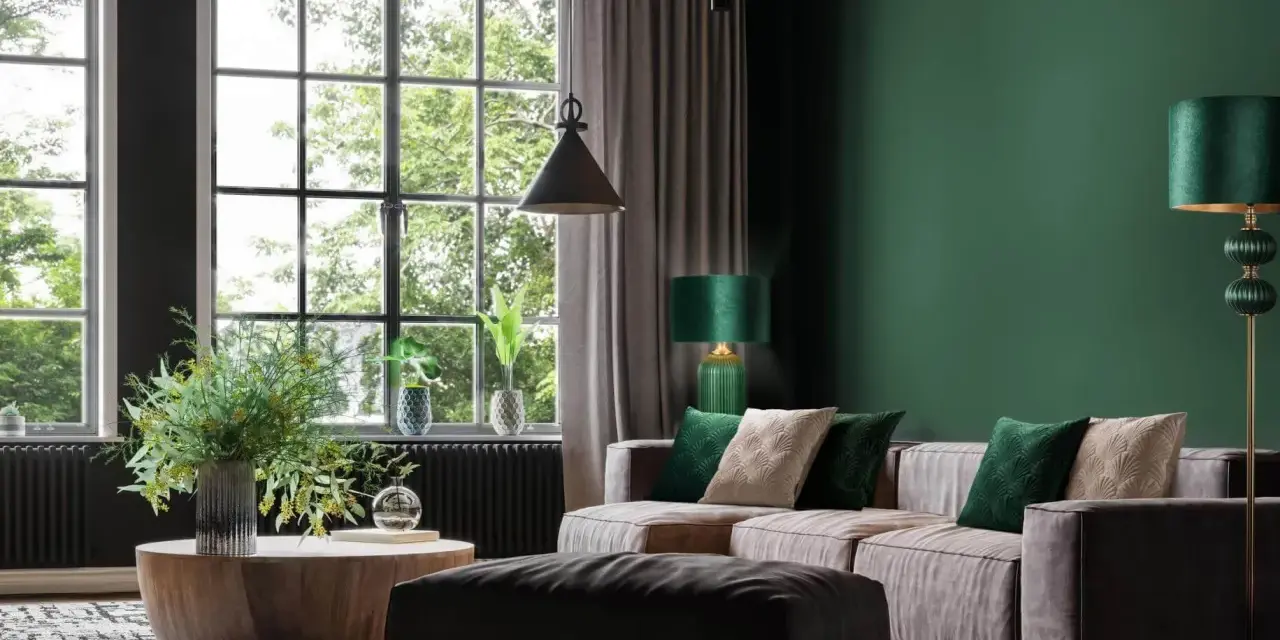 Męski pokój inspiracje: elegancka zieleń, drewno i komfortowa sofa. Idealne miejsce na relaks i pracę.