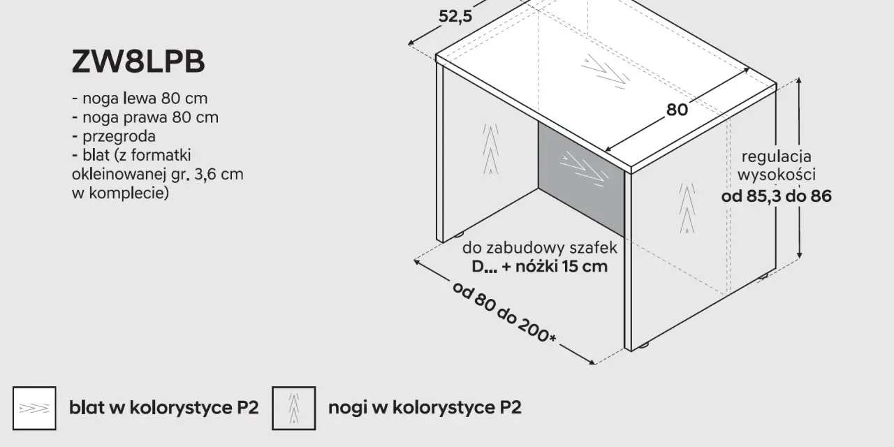 Minimalne wymiary wyspy kuchennej: 80x52,5 cm. Blat 3,6 cm, regulacja wysokości 85,3-86 cm.