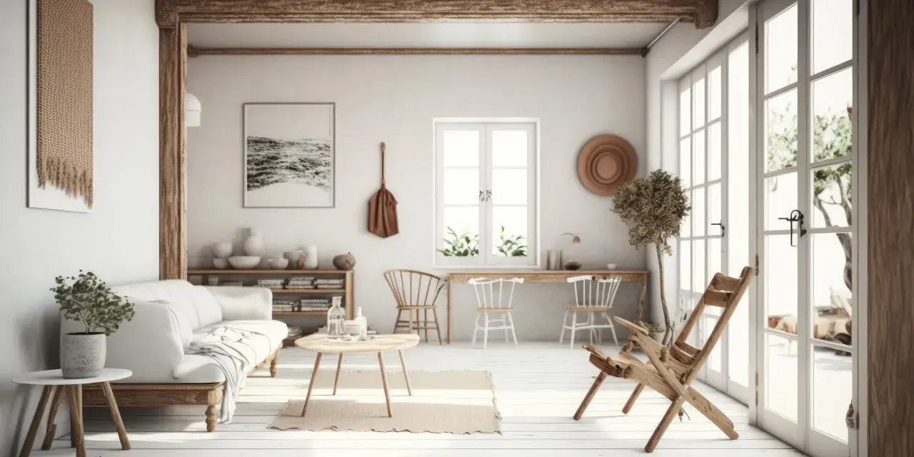 Jasne, oto opis:

Przytulny salon w stylu modern farmhouse z białymi meblami, drewnianymi belkami i dużą ilością światła.