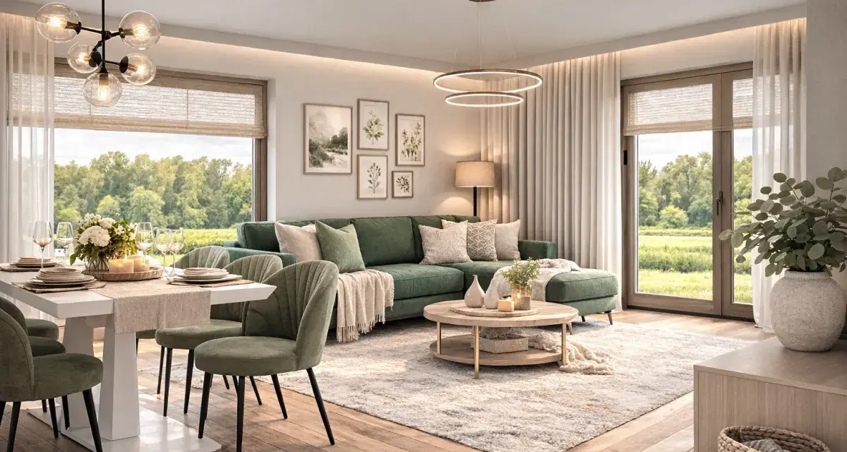 Zielony salon inspiracje: wygodna sofa, stół z krzesłami i okna z widokiem na naturę tworzą przytulną atmosferę.