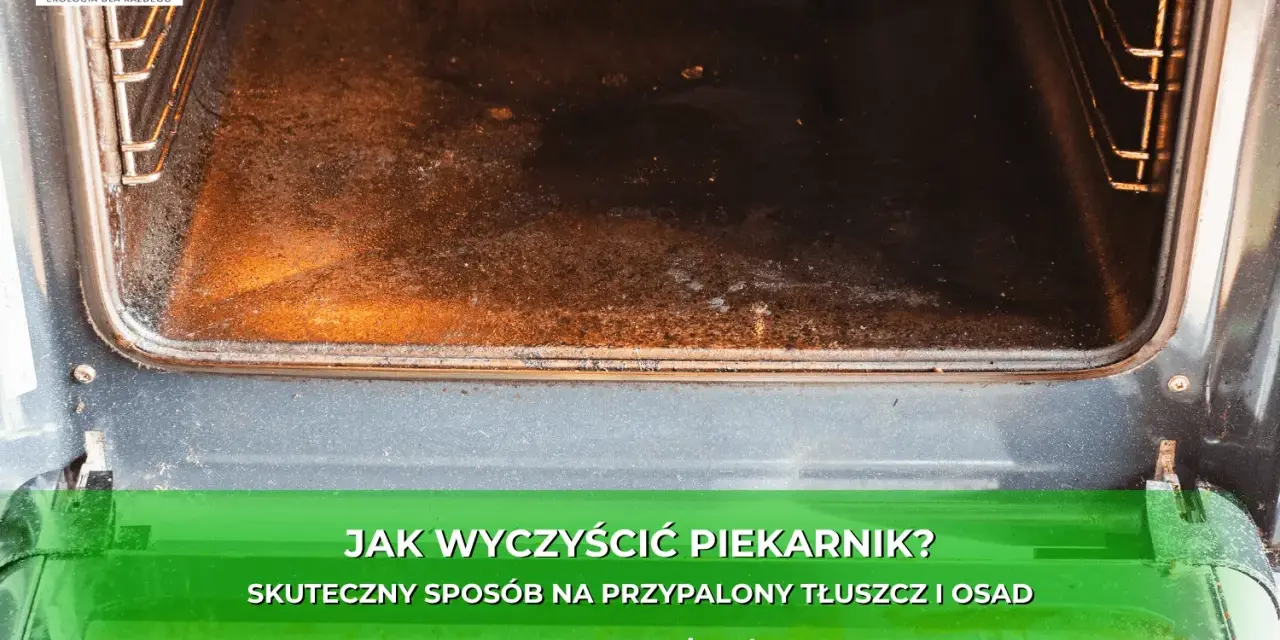 Wnętrze brudnego piekarnika, z widocznym przypalonym tłuszczem i osadem. Tekst informuje o skutecznym sposobie na czyszczenie piekarnika.