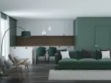 Nowoczesny salon z kuchnią w odcieniach zieleni. Kolor zielony znaczenie spokoju i harmonii, podkreślony przez meble i ściany.