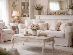 Przytulny salon w stylu shabby chic. Jasna sofa, fotele, stolik kawowy i dekoracje tworzą romantyczną atmosferę.
