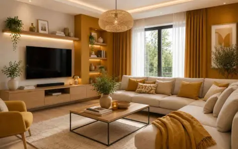 Przytulny salon z kanapą i fotelami w odcieniach **koloru ochry**. Ciepłe światło, drewniane meble i rośliny tworzą relaksującą atmosferę.