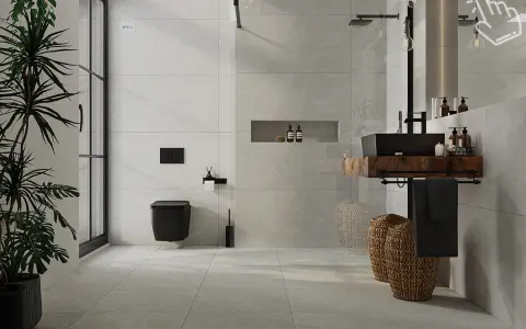 Nowoczesna łazienka z czarną armaturą i drewnianą umywalką. Eleganckie wzory układania płytek 60x60 tworzą spójną całość.