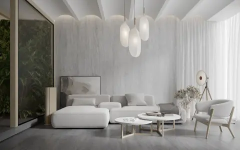 Nowoczesny salon z białymi meblami i kamienną ścianą. Ciekawe **pomysły na sufit w salonie** z łukami i delikatnym oświetleniem.