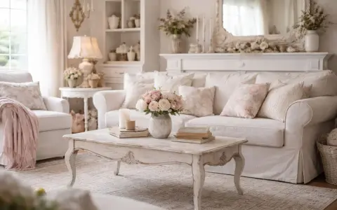 Przytulny salon w stylu shabby chic. Jasna sofa, fotele, stolik kawowy i dekoracje tworzą romantyczną atmosferę.