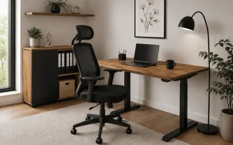 Jak urządzić małe biuro: ergonomiczne krzesło, biurko z regulacją wysokości, szafka i lampa tworzą funkcjonalną przestrzeń.