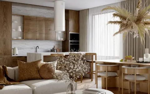 Przytulny salon w stylu scandi boho z drewnianymi meblami, jasną sofą i dekoracjami z suszonych traw.