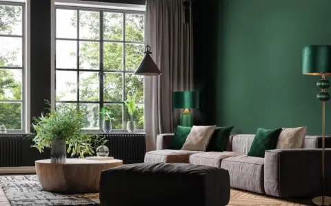 Męski pokój inspiracje: elegancka zieleń, drewno i komfortowa sofa. Idealne miejsce na relaks i pracę.