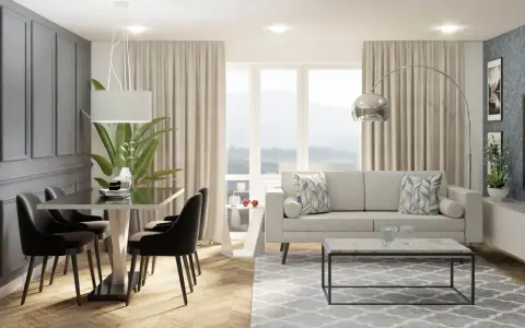 Nowoczesny salon z jadalnią, gdzie duże okno w salonie aranżacje tworzą jasną przestrzeń. Jasna sofa, stolik kawowy i elegancki stół z krzesłami.