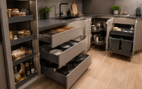 Organizacja przypraw w szufladzie i szafkach kuchennych. Widać tu system szuflad z naczyniami, garnkami i sztućcami, a także wysuwaną szafkę z koszami na śmieci.