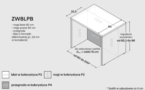 Minimalne wymiary wyspy kuchennej: 80x52,5 cm. Blat 3,6 cm, regulacja wysokości 85,3-86 cm.