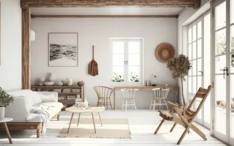 Jasne, oto opis:

Przytulny salon w stylu modern farmhouse z białymi meblami, drewnianymi belkami i dużą ilością światła.