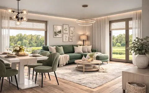 Zielony salon inspiracje: wygodna sofa, stół z krzesłami i okna z widokiem na naturę tworzą przytulną atmosferę.