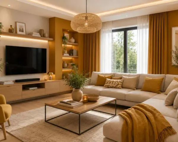 Przytulny salon z kanapą i fotelami w odcieniach **koloru ochry**. Ciepłe światło, drewniane meble i rośliny tworzą relaksującą atmosferę.