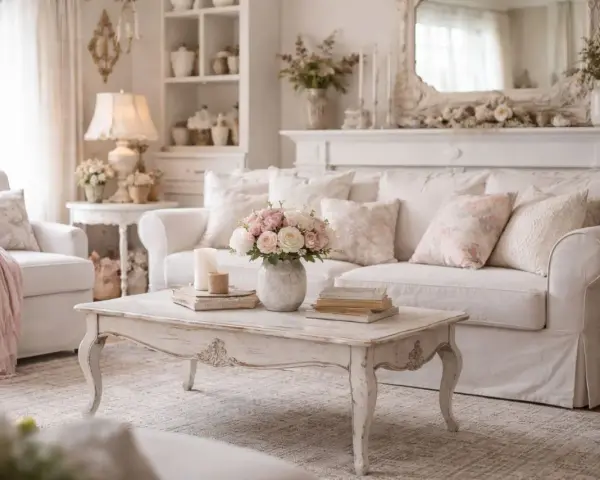 Przytulny salon w stylu shabby chic. Jasna sofa, fotele, stolik kawowy i dekoracje tworzą romantyczną atmosferę.