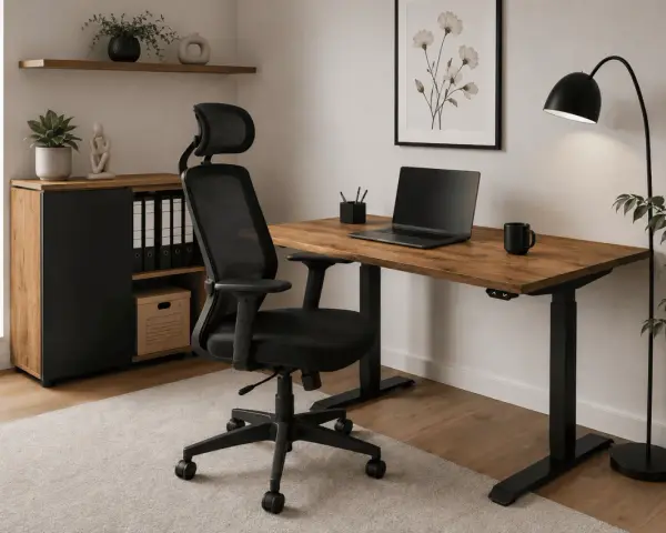 Jak urządzić małe biuro: ergonomiczne krzesło, biurko z regulacją wysokości, szafka i lampa tworzą funkcjonalną przestrzeń.