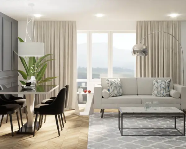 Nowoczesny salon z jadalnią, gdzie duże okno w salonie aranżacje tworzą jasną przestrzeń. Jasna sofa, stolik kawowy i elegancki stół z krzesłami.