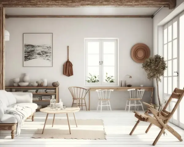 Jasne, oto opis:

Przytulny salon w stylu modern farmhouse z białymi meblami, drewnianymi belkami i dużą ilością światła.