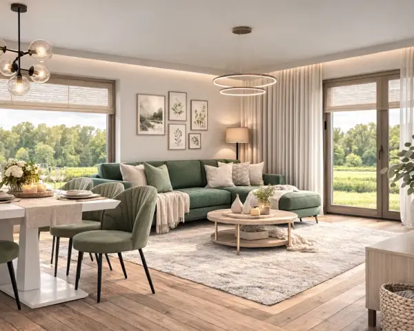 Zielony salon inspiracje: wygodna sofa, stół z krzesłami i okna z widokiem na naturę tworzą przytulną atmosferę.