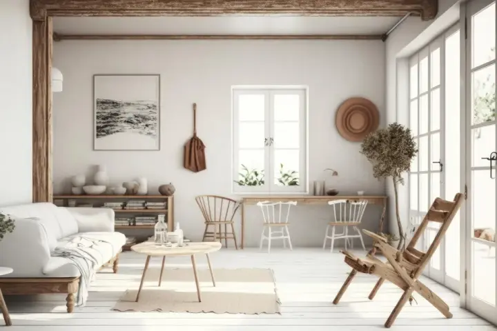 Jasne, oto opis:

Przytulny salon w stylu modern farmhouse z białymi meblami, drewnianymi belkami i dużą ilością światła.