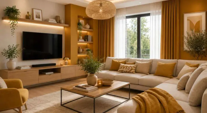 Przytulny salon z kanapą i fotelami w odcieniach **koloru ochry**. Ciepłe światło, drewniane meble i rośliny tworzą relaksującą atmosferę.