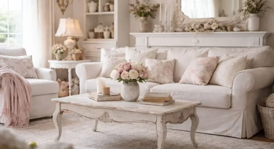 Przytulny salon w stylu shabby chic. Jasna sofa, fotele, stolik kawowy i dekoracje tworzą romantyczną atmosferę.