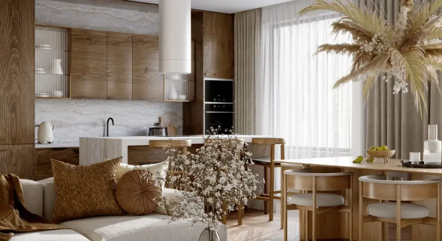 Przytulny salon w stylu scandi boho z drewnianymi meblami, jasną sofą i dekoracjami z suszonych traw.