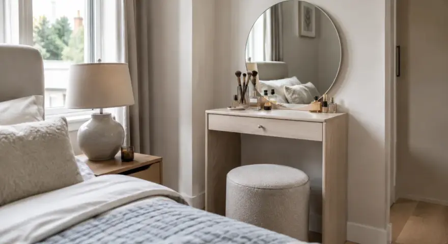 Elegancka toaletka w sypialni inspiracje: lustro, kosmetyki i pufka tworzą stylowe miejsce do porannej rutyny.