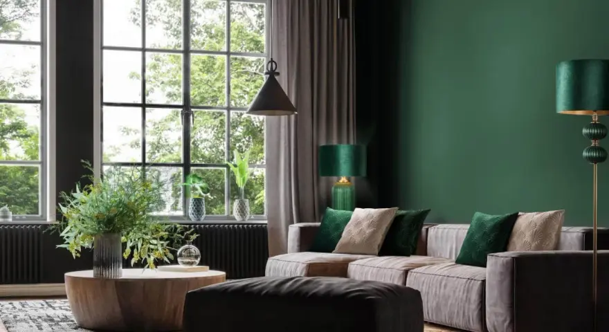 Męski pokój inspiracje: elegancka zieleń, drewno i komfortowa sofa. Idealne miejsce na relaks i pracę.