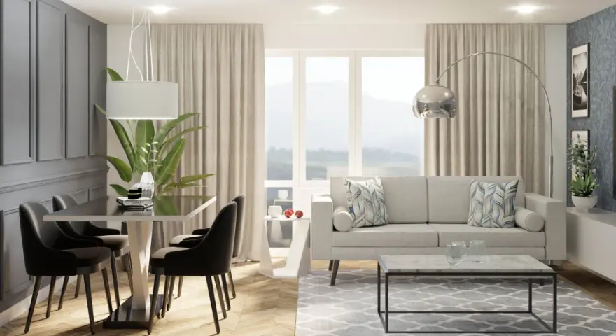 Nowoczesny salon z jadalnią, gdzie duże okno w salonie aranżacje tworzą jasną przestrzeń. Jasna sofa, stolik kawowy i elegancki stół z krzesłami.
