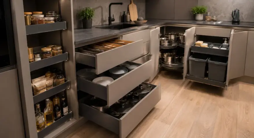 Organizacja przypraw w szufladzie i szafkach kuchennych. Widać tu system szuflad z naczyniami, garnkami i sztućcami, a także wysuwaną szafkę z koszami na śmieci.