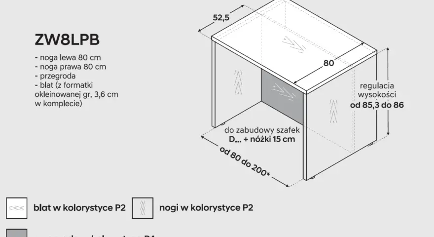 Minimalne wymiary wyspy kuchennej: 80x52,5 cm. Blat 3,6 cm, regulacja wysokości 85,3-86 cm.