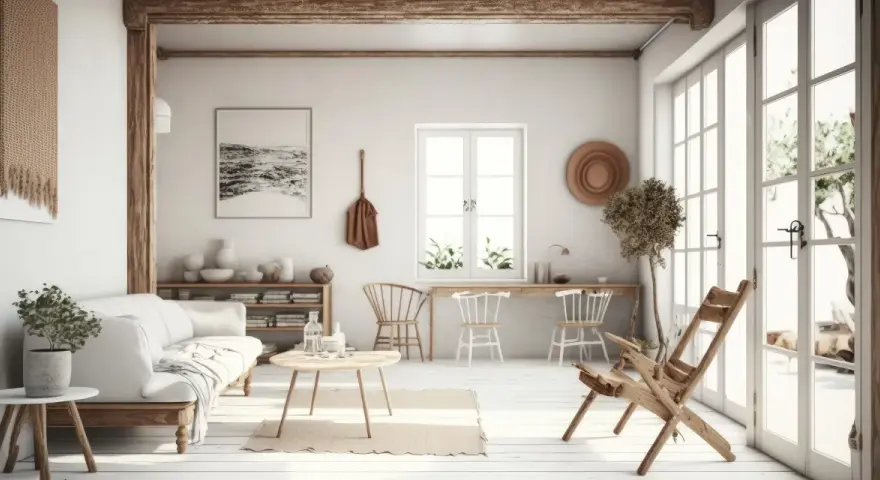 Jasne, oto opis:

Przytulny salon w stylu modern farmhouse z białymi meblami, drewnianymi belkami i dużą ilością światła.