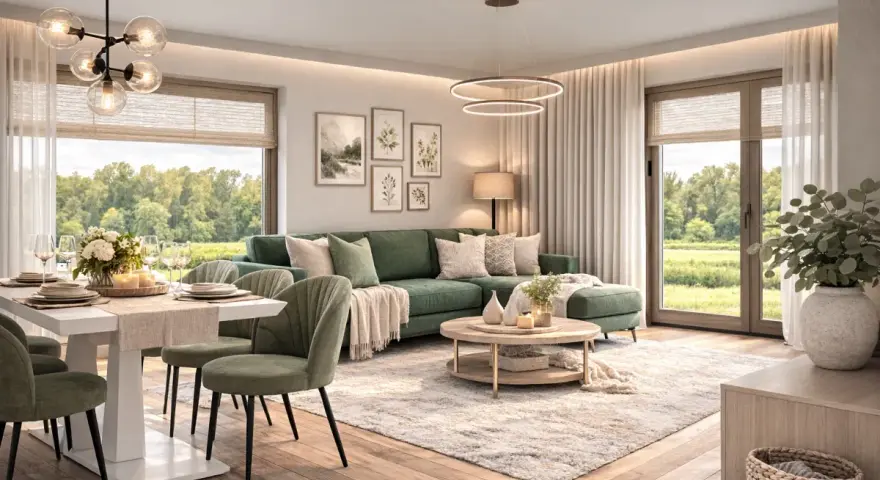 Zielony salon inspiracje: wygodna sofa, stół z krzesłami i okna z widokiem na naturę tworzą przytulną atmosferę.