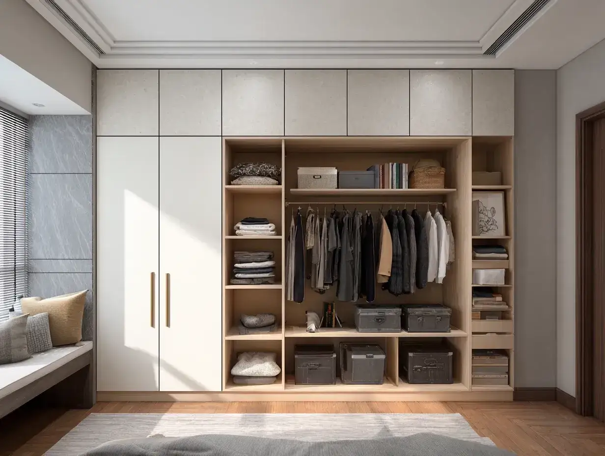 Nowoczesny pokój dzienny z szafą, która pomieści wszystko. Idealne rozwiązanie, jak urządzić pokój dzienny z szafą, by był funkcjonalny i stylowy.